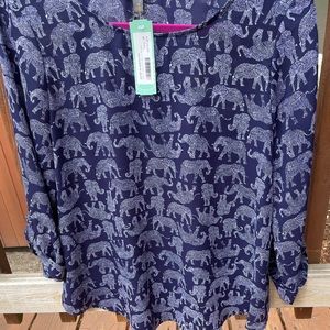Navy blue blouse with elephant print.